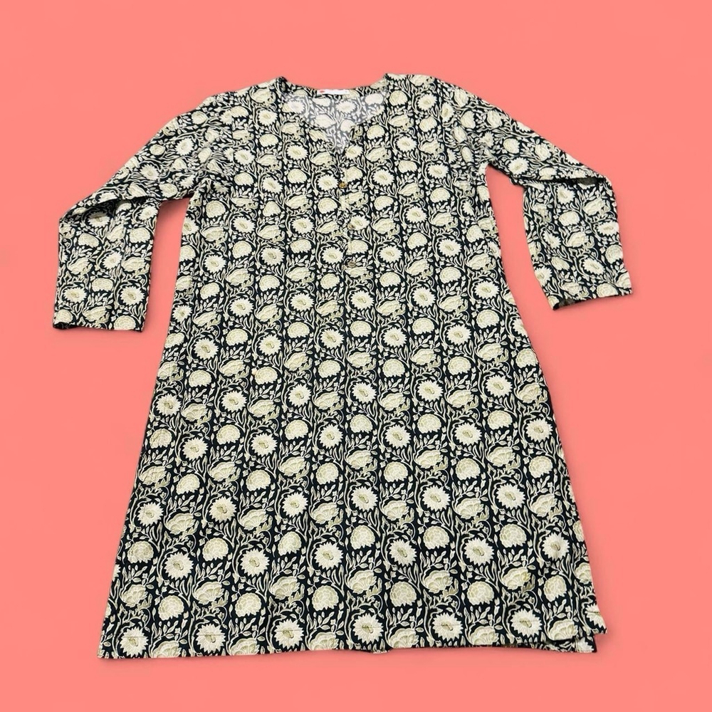 KHAADI Floral Block Print Tunic Dress Women’s 12 Black Ivory Long Sleeve Cotton